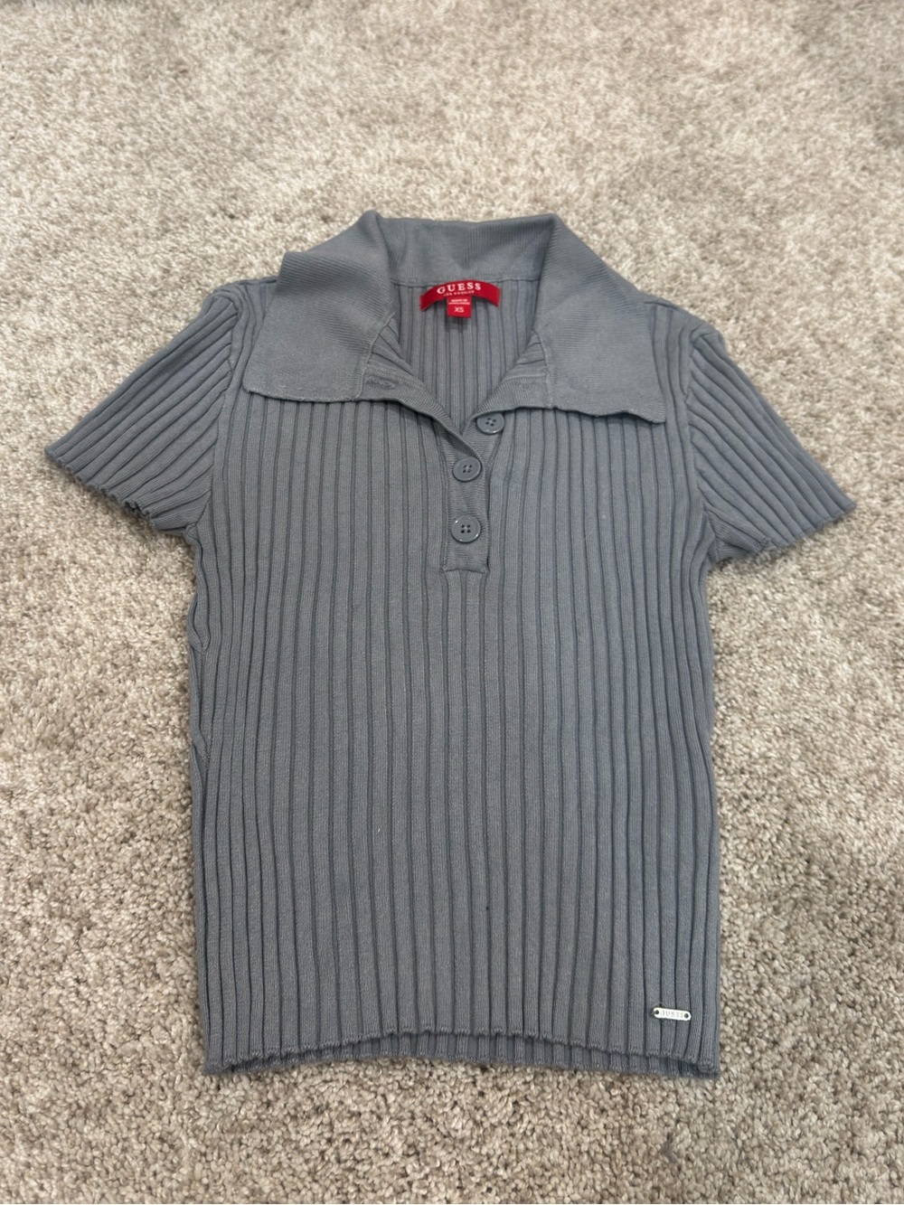 GUESS Gray Ribbed Short-Sleeve Polo Sweater